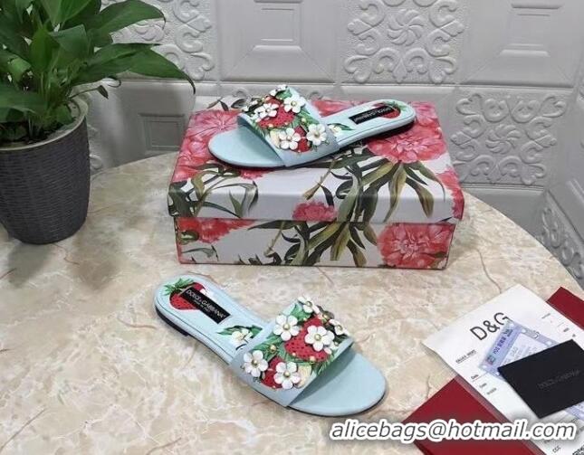 Top Grade Dolce & Gabbana Flat Slide Sandals in Printed Calfskin with Bloom Charm Light Blue 401023