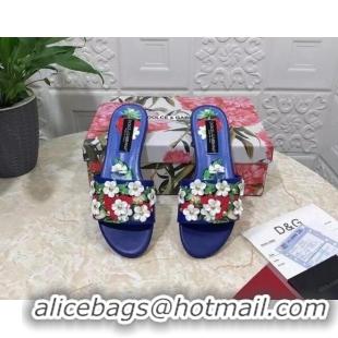 Popular Style Dolce & Gabbana Flat Slide Sandals in Printed Calfskin with Bloom Charm Blue 401024