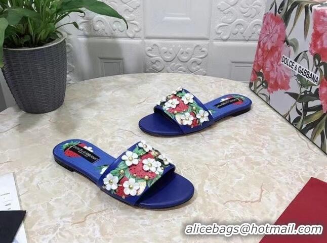 Popular Style Dolce & Gabbana Flat Slide Sandals in Printed Calfskin with Bloom Charm Blue 401024