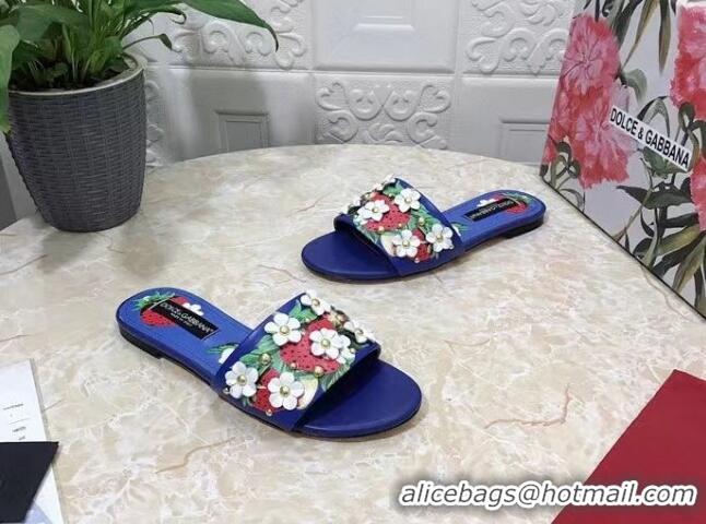 Popular Style Dolce & Gabbana Flat Slide Sandals in Printed Calfskin with Bloom Charm Blue 401024