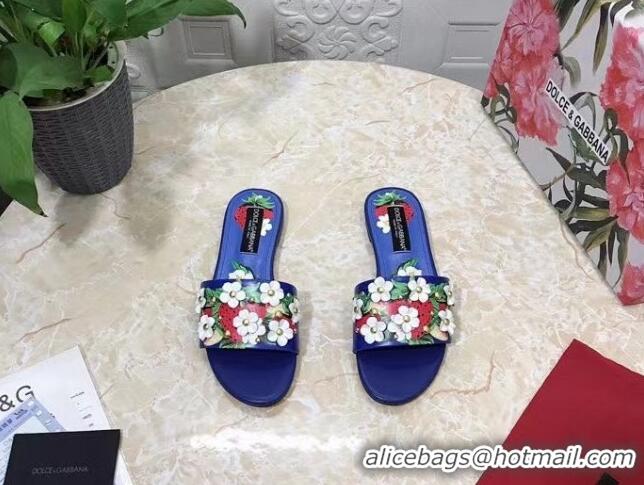 Popular Style Dolce & Gabbana Flat Slide Sandals in Printed Calfskin with Bloom Charm Blue 401024