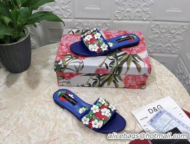 Popular Style Dolce & Gabbana Flat Slide Sandals in Printed Calfskin with Bloom Charm Blue 401024