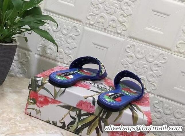 Popular Style Dolce & Gabbana Flat Slide Sandals in Printed Calfskin with Bloom Charm Blue 401024