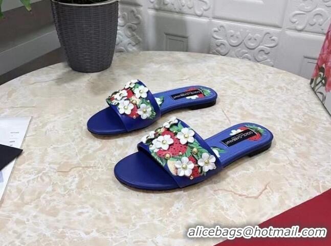 Popular Style Dolce & Gabbana Flat Slide Sandals in Printed Calfskin with Bloom Charm Blue 401024