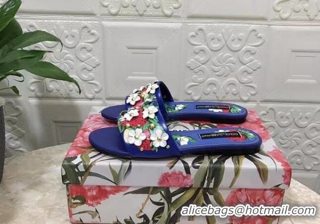 Popular Style Dolce & Gabbana Flat Slide Sandals in Printed Calfskin with Bloom Charm Blue 401024