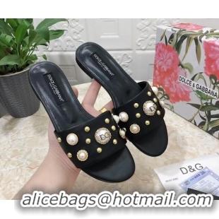 Shop Duplicate Dolce & Gabbana DG Lambskin Flat Slide Sandals with Pearls Black 605009