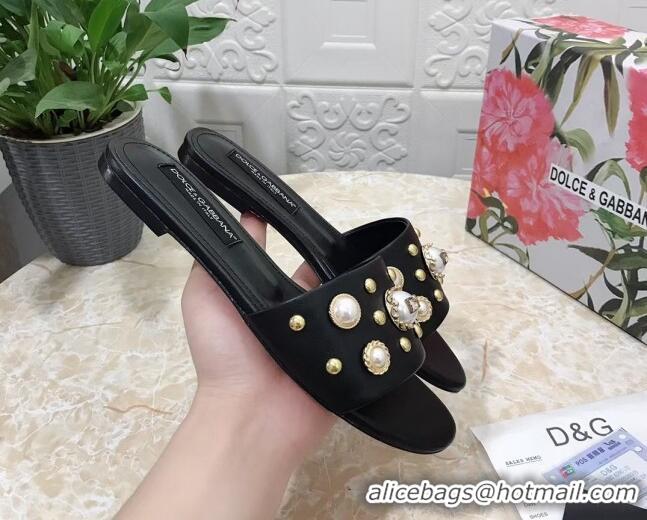 Shop Duplicate Dolce & Gabbana DG Lambskin Flat Slide Sandals with Pearls Black 605009