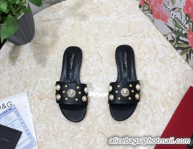 Shop Duplicate Dolce & Gabbana DG Lambskin Flat Slide Sandals with Pearls Black 605009