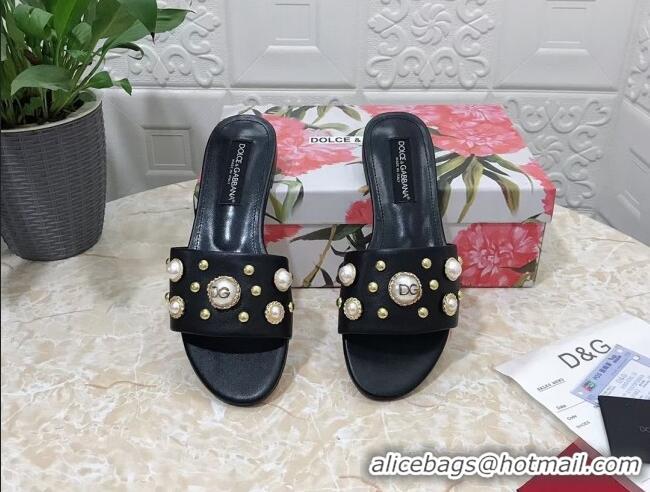 Shop Duplicate Dolce & Gabbana DG Lambskin Flat Slide Sandals with Pearls Black 605009