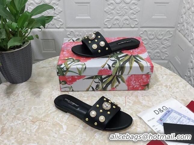 Shop Duplicate Dolce & Gabbana DG Lambskin Flat Slide Sandals with Pearls Black 605009