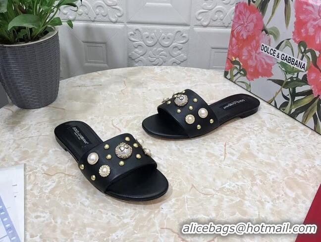 Shop Duplicate Dolce & Gabbana DG Lambskin Flat Slide Sandals with Pearls Black 605009