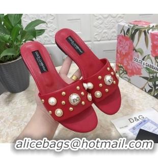 Stylish Dolce & Gabbana DG Lambskin Flat Slide Sandals with Pearls Red 605010