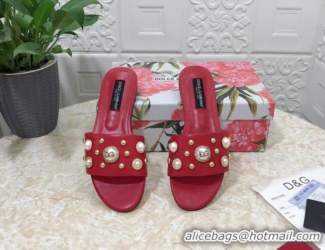 Stylish Dolce & Gabbana DG Lambskin Flat Slide Sandals with Pearls Red 605010