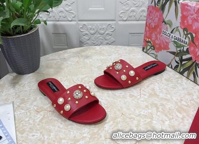 Stylish Dolce & Gabbana DG Lambskin Flat Slide Sandals with Pearls Red 605010