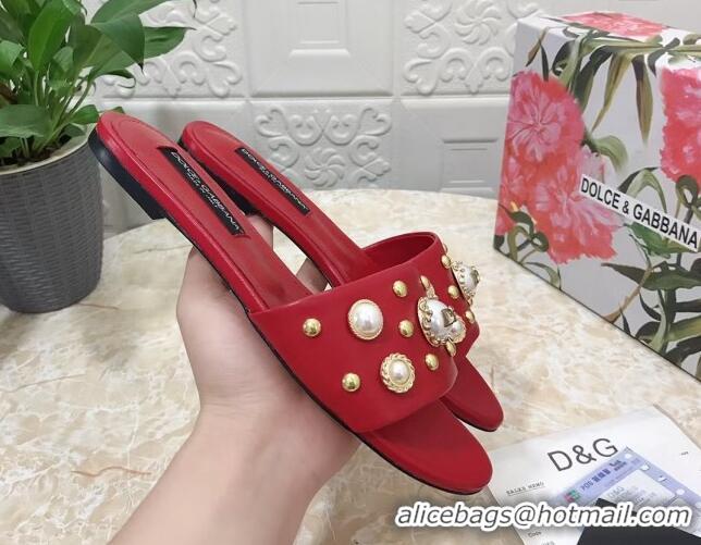 Stylish Dolce & Gabbana DG Lambskin Flat Slide Sandals with Pearls Red 605010