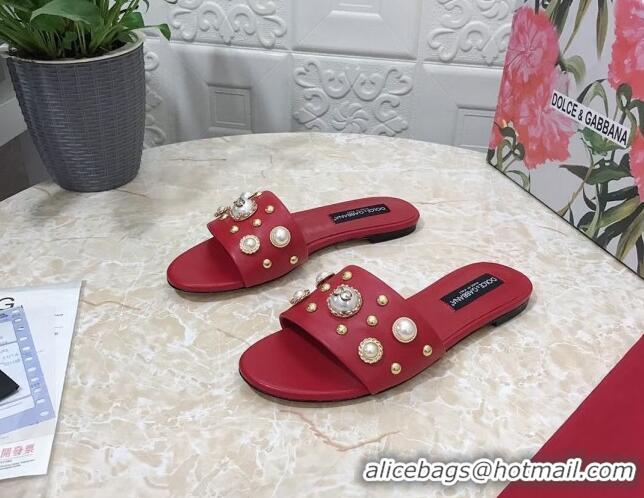 Stylish Dolce & Gabbana DG Lambskin Flat Slide Sandals with Pearls Red 605010