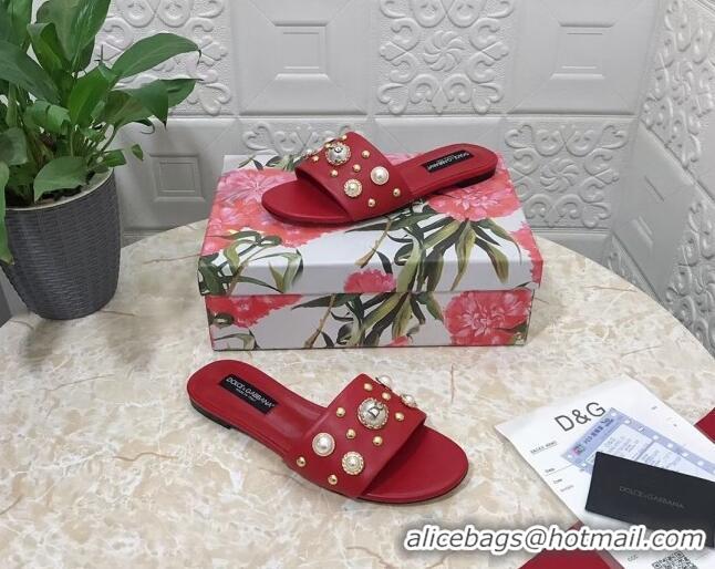 Stylish Dolce & Gabbana DG Lambskin Flat Slide Sandals with Pearls Red 605010