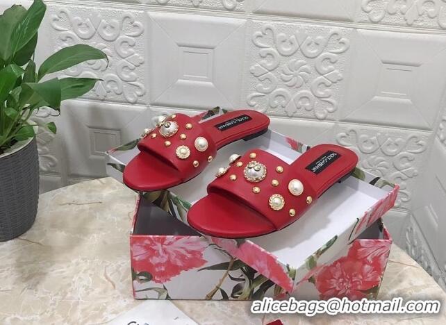 Stylish Dolce & Gabbana DG Lambskin Flat Slide Sandals with Pearls Red 605010