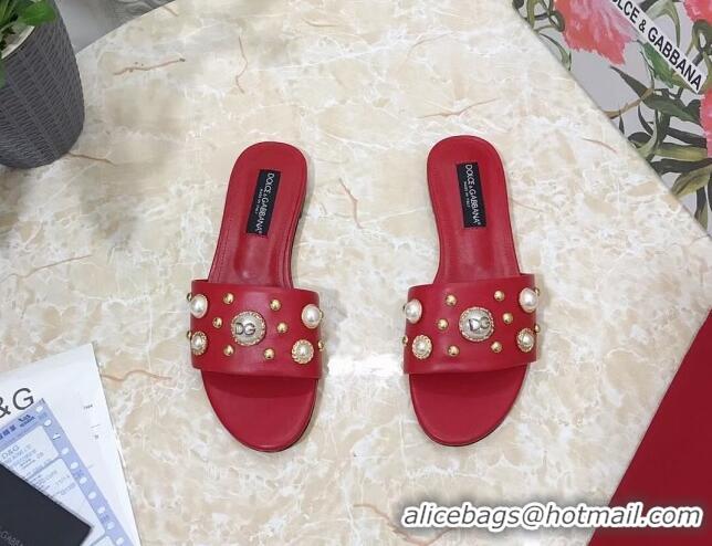 Stylish Dolce & Gabbana DG Lambskin Flat Slide Sandals with Pearls Red 605010