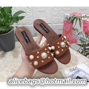 Top Design Dolce & Gabbana DG Lambskin Flat Slide Sandals with Pearls Brown 605011