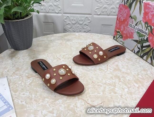 Top Design Dolce & Gabbana DG Lambskin Flat Slide Sandals with Pearls Brown 605011