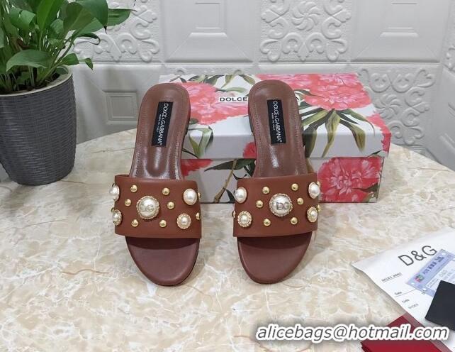 Top Design Dolce & Gabbana DG Lambskin Flat Slide Sandals with Pearls Brown 605011