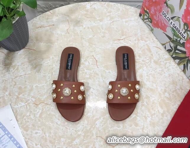 Top Design Dolce & Gabbana DG Lambskin Flat Slide Sandals with Pearls Brown 605011