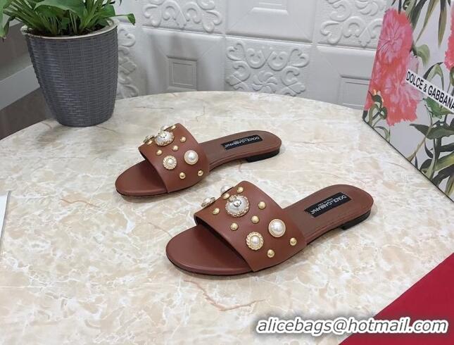 Top Design Dolce & Gabbana DG Lambskin Flat Slide Sandals with Pearls Brown 605011