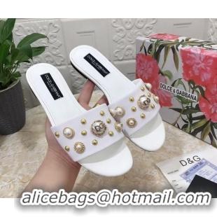 Sophisticated Dolce & Gabbana DG Lambskin Flat Slide Sandals with Pearls White 605012