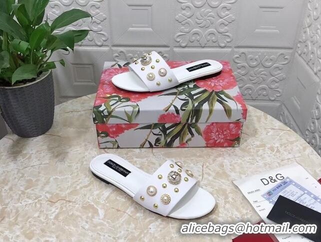 Sophisticated Dolce & Gabbana DG Lambskin Flat Slide Sandals with Pearls White 605012