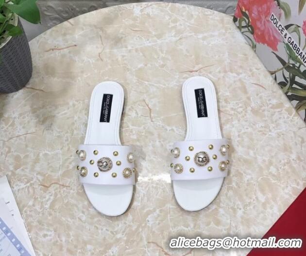 Sophisticated Dolce & Gabbana DG Lambskin Flat Slide Sandals with Pearls White 605012