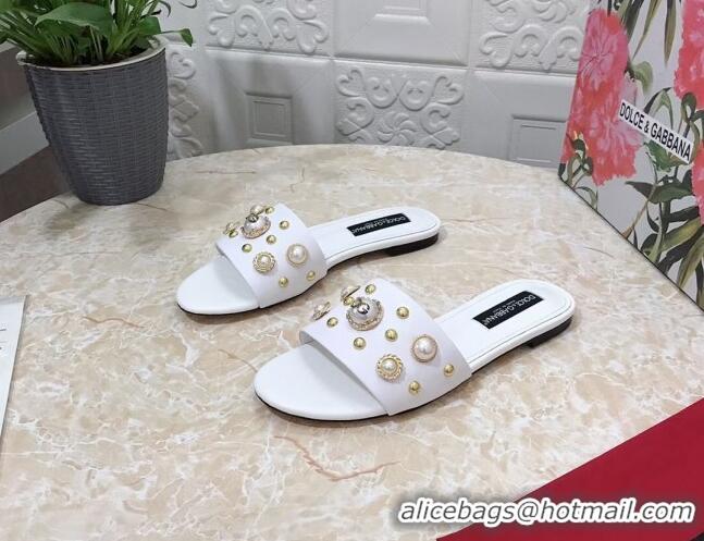 Sophisticated Dolce & Gabbana DG Lambskin Flat Slide Sandals with Pearls White 605012