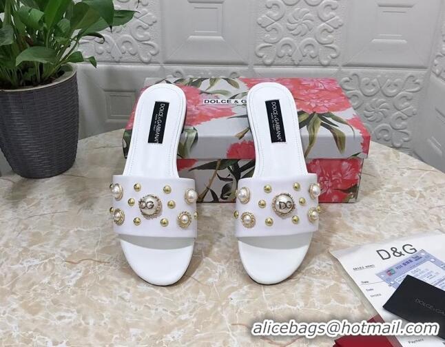 Sophisticated Dolce & Gabbana DG Lambskin Flat Slide Sandals with Pearls White 605012