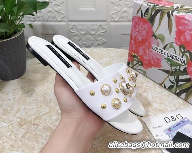 Sophisticated Dolce & Gabbana DG Lambskin Flat Slide Sandals with Pearls White 605012