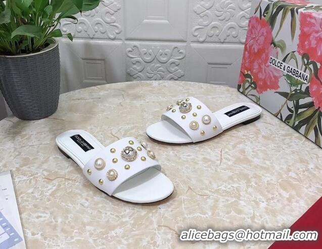 Sophisticated Dolce & Gabbana DG Lambskin Flat Slide Sandals with Pearls White 605012