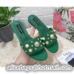 Lowest Cost Dolce & Gabbana DG Lambskin Flat Slide Sandals with Pearls Green 605013