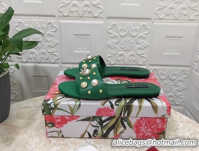 Lowest Cost Dolce & Gabbana DG Lambskin Flat Slide Sandals with Pearls Green 605013