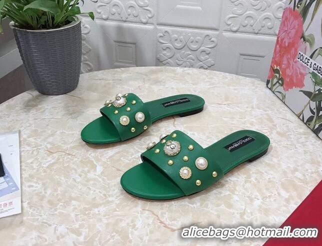 Lowest Cost Dolce & Gabbana DG Lambskin Flat Slide Sandals with Pearls Green 605013