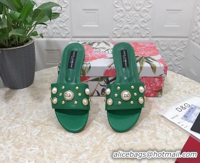 Lowest Cost Dolce & Gabbana DG Lambskin Flat Slide Sandals with Pearls Green 605013