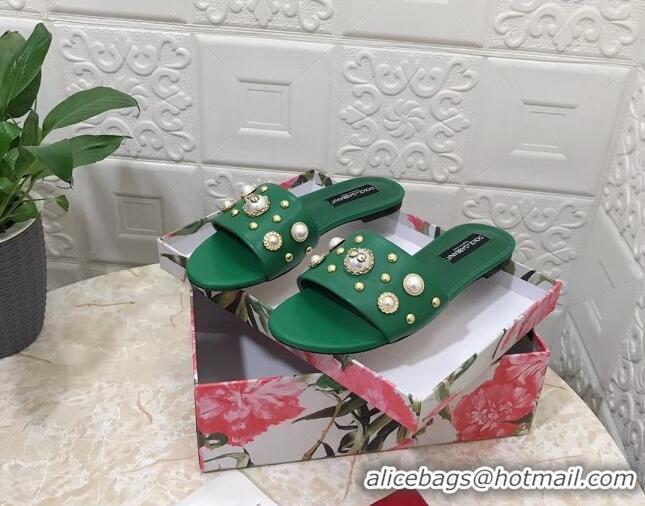 Lowest Cost Dolce & Gabbana DG Lambskin Flat Slide Sandals with Pearls Green 605013