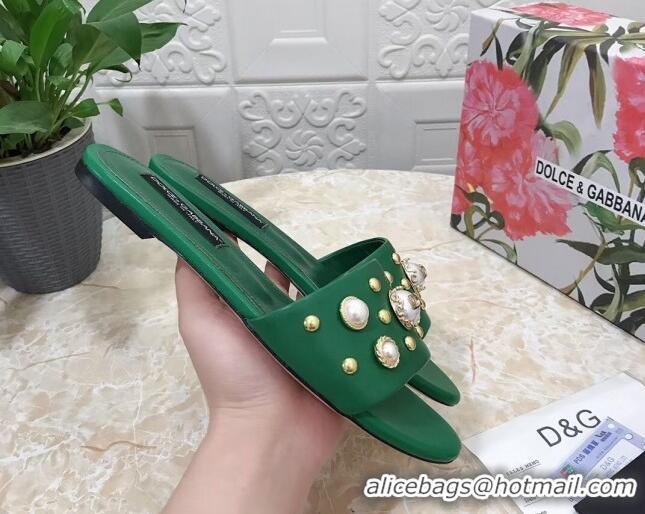 Lowest Cost Dolce & Gabbana DG Lambskin Flat Slide Sandals with Pearls Green 605013