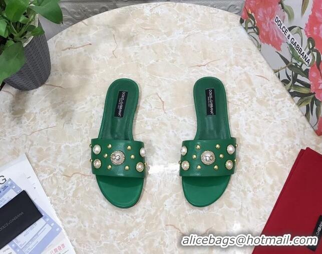 Lowest Cost Dolce & Gabbana DG Lambskin Flat Slide Sandals with Pearls Green 605013