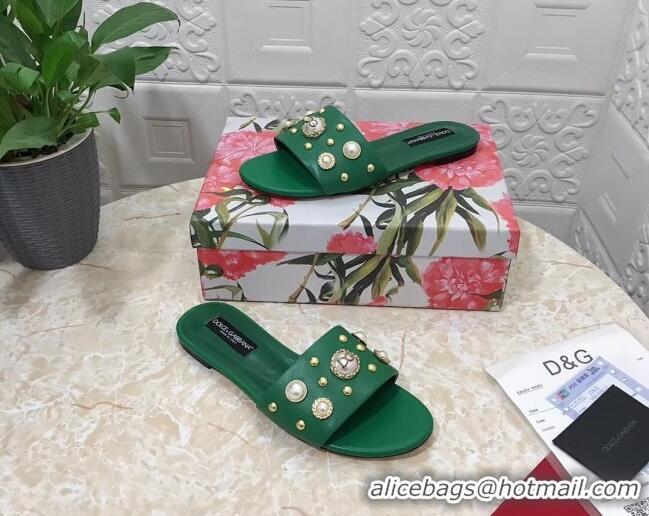 Lowest Cost Dolce & Gabbana DG Lambskin Flat Slide Sandals with Pearls Green 605013