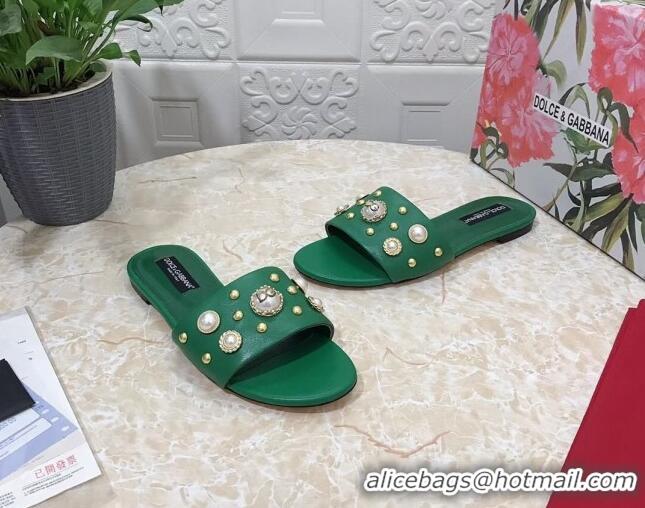 Lowest Cost Dolce & Gabbana DG Lambskin Flat Slide Sandals with Pearls Green 605013