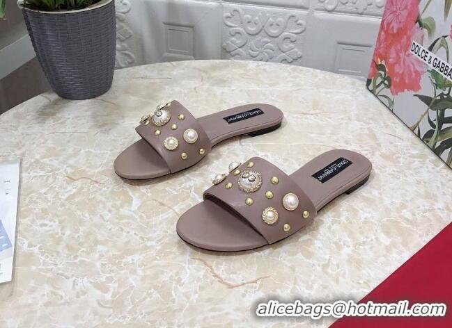 Trendy Design Dolce & Gabbana DG Lambskin Flat Slide Sandals with Pearls 605014