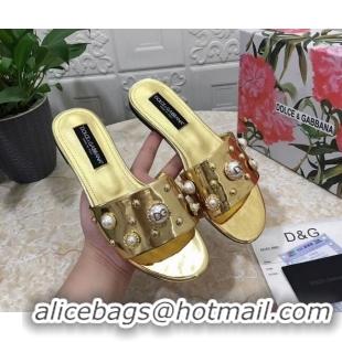 Hot Style Dolce & Gabbana DG Metallic Leather Flat Slide Sandals with Pearls Gold 605015