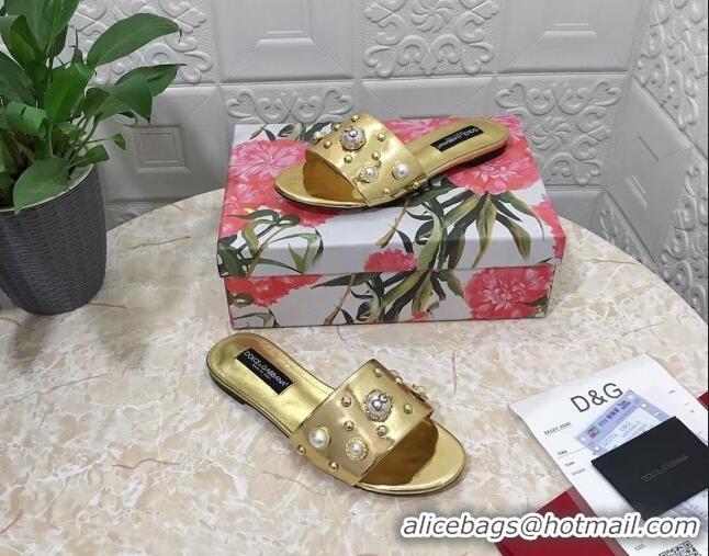 Hot Style Dolce & Gabbana DG Metallic Leather Flat Slide Sandals with Pearls Gold 605015