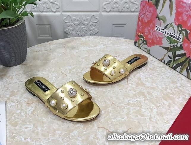 Hot Style Dolce & Gabbana DG Metallic Leather Flat Slide Sandals with Pearls Gold 605015