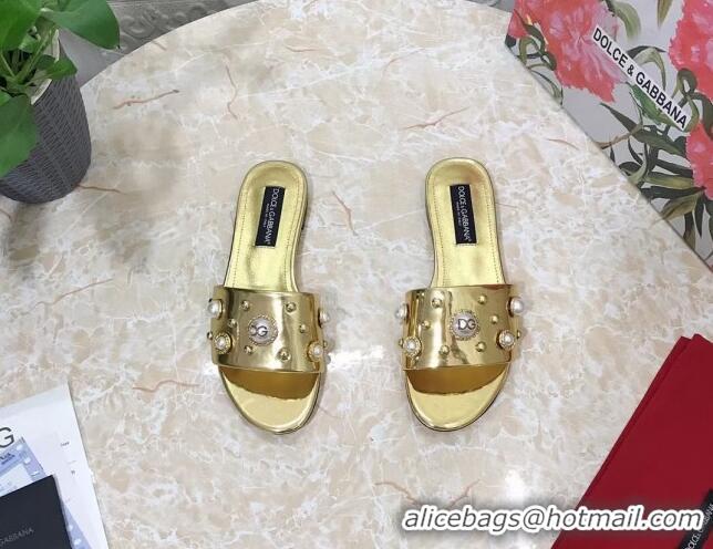 Hot Style Dolce & Gabbana DG Metallic Leather Flat Slide Sandals with Pearls Gold 605015