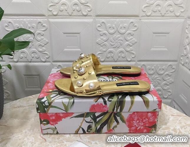 Hot Style Dolce & Gabbana DG Metallic Leather Flat Slide Sandals with Pearls Gold 605015